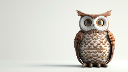 A cute and cuddly owl with big eyes and a fluffy body. It is standing on a white background and looking at the camera with a curious expression.