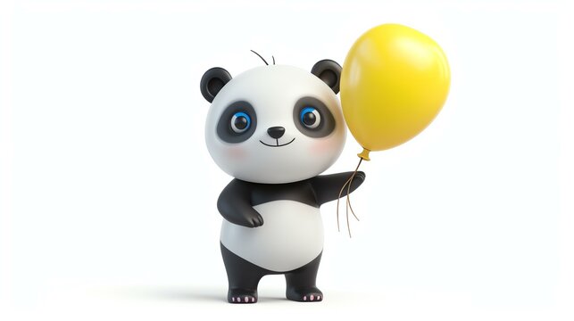 3D rendering of a cute cartoon panda holding a yellow balloon. The panda is standing on a white background and looking at the camera.