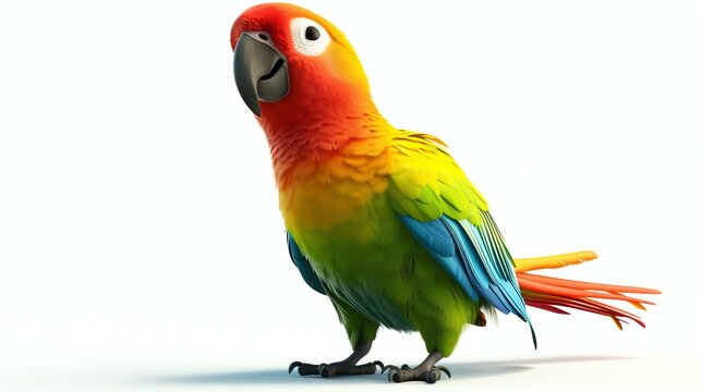 A beautiful parrot with vibrant plumage. The parrot is standing on a white background, looking at the camera with its head cocked to one side.