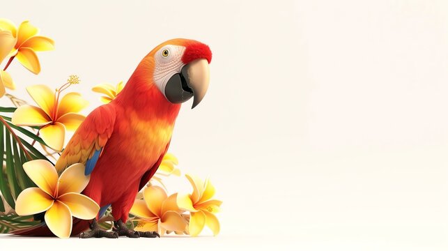 A beautiful Scarlet Macaw parrot sits on a branch surrounded by yellow flowers. The parrot has bright red, yellow, and blue feathers.