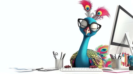 A cartoon peacock wearing horn-rimmed glasses is sitting at a desk in an office.