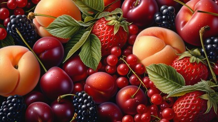 Close-up of berries, peaches, and cherries among other summer fruit.