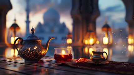 Arabic teapot and cup of tea on the table. Ramadan Kareem background