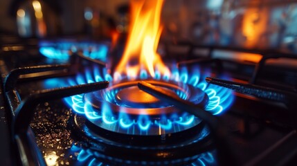An industrial resource and economics notion is shown in this close-up of a blue fire blazing on the stovetop of a residential kitchen gas burner. - obrazy, fototapety, plakaty