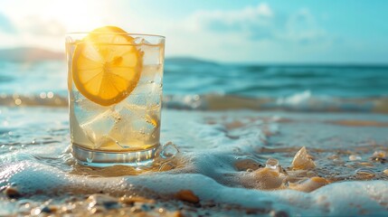 Summertime beachside refreshment: a refreshing cocktail with ice and a wedge of lemon - Powered by Adobe