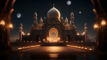 Fototapeta na wymiar 3D Illustration of Ramadan Kareem's background with mosque and stars