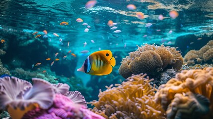 Naklejka premium Tropical fish and vibrant corals beneath the surface of the ocean