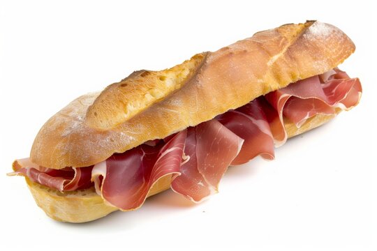 Cured prosciutto sandwich in a baguette (bocadillo de jamon serrano) on white background