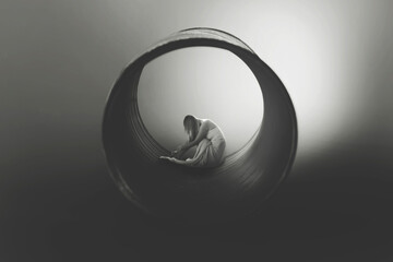 lonely woman sits crouched inside a tunnel, abstract concept - 744059741