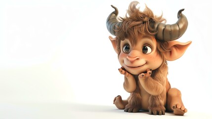 3D rendering of a cute cartoon yak. The yak is sitting on a white background and has brown fur,...