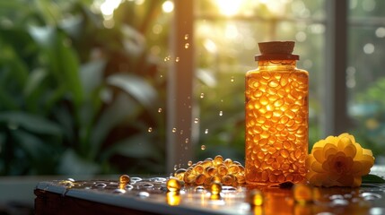  a bottle of honey sitting on top of a table next to a bunch of honeycombs and a flower on top of a table in front of a window.