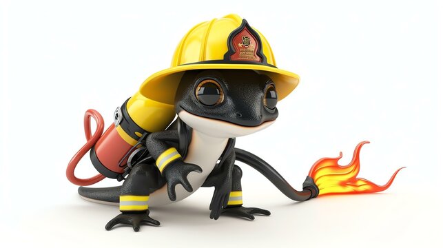 A cute and friendly cartoon salamander firefighter, wearing a yellow firefighter's helmet and carrying an oxygen tank on its back.