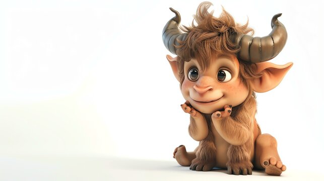 3D rendering of a cute cartoon yak. The yak is sitting on a white background and has brown fur, black horns, and big brown eyes.