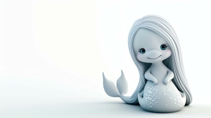 Little cute cartoon mermaid with big head and blue eyes sitting and smiling. 3D rendering.