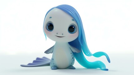 Cute and colorful 3D rendering of a cartoon sea creature with blue hair and a fish-like tail. It has big blue eyes and a friendly smile.