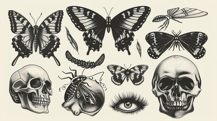 A collection of hand-drawn illustrations of skulls, butterflies, and moths.