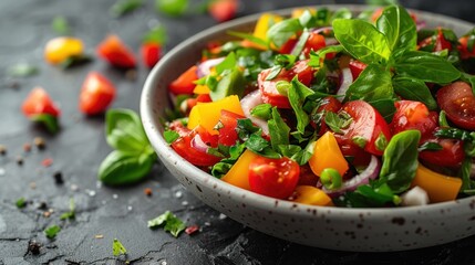 a close up of a salad in a bowl on a table with tomatoes, onions, lettuce, and other veggies on top of the salad.