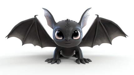 A cute and friendly cartoon dragon with big eyes and a toothy grin. It has black scales and bat-like wings.