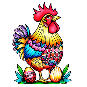 Bright painted rooster with Easter eggs. Easter composition.Cartoon style