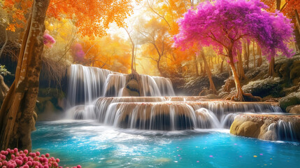 Fantasy waterfall with autumn trees and beautiful flowers, idyllic landscape