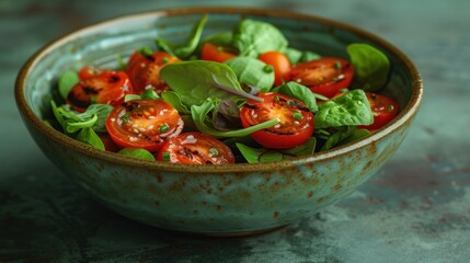  a close up of a bowl of food with lettuce and tomatoes on the top of the salad and on the bottom of the bowl is a green leafy salad.