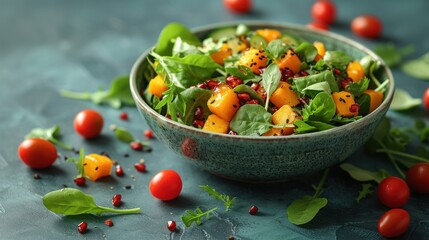 a close up of a salad in a bowl on a table with tomatoes and spinach on the side of the bowl and the salad in the bowl is ready to be eaten.