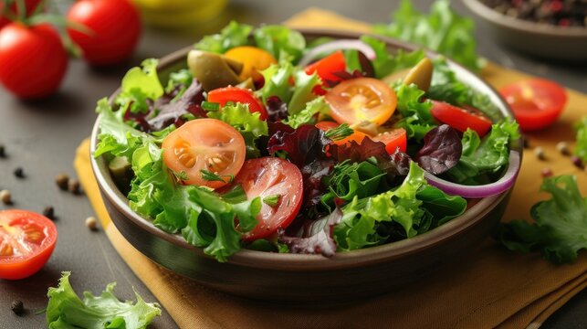  a bowl of salad with tomatoes, lettuce, onions, and olives on a yellow napkin next to a bowl of seeds and tomatoes on a yellow napkin.