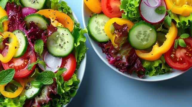  a salad with cucumbers, tomatoes, onions, lettuce, cucumber slices, and other veggies in a white bowl on a blue background.