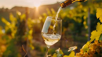 Crédence de cuisine en verre imprimé Couleur miel Wine glass with pouring white wine and vineyard landscape on a sunny day. Winemaking concept, copy space