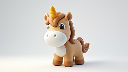 3D rendering of a cute and friendly unicorn. The unicorn is standing on a white background and looking at the camera.