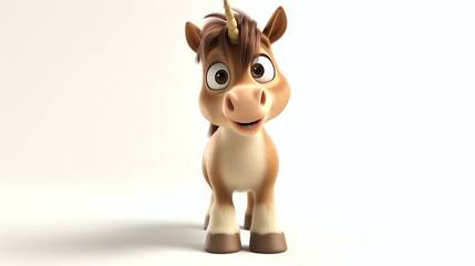 3D rendering of a cute cartoon unicorn. The unicorn is standing on a white background and looking at the camera with a happy expression.