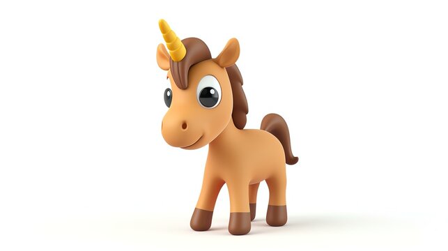 3D rendering of a cute unicorn. The unicorn is brown with a yellow horn and a pink mane and tail.