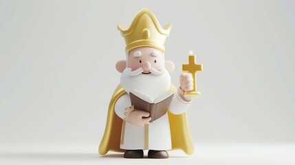 3D rendering of a cute cartoon pope holding a cross and a book. The pope is wearing a white cassock and a yellow cape. - obrazy, fototapety, plakaty