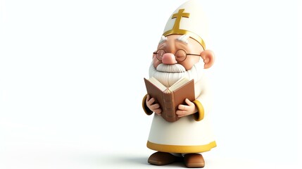 3D rendering of a cute cartoon priest character. He is wearing a white robe with a red sash and a tall, pointed hat.