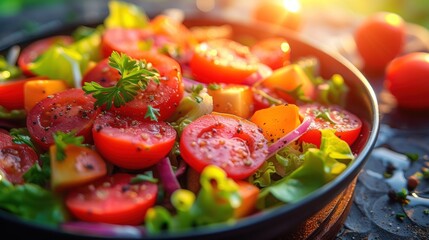  a close up of a salad in a bowl with tomatoes and lettuce on a table with other vegetables and a light shining on the table in the background.