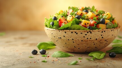  a close up of a salad in a bowl on a table with green leaves and blueberries on the side of the bowl and the salad in the middle of the bowl.