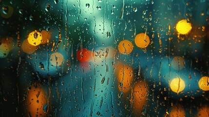  a close up of a rain covered window with a blurry image of a street light in the background and a blurry image of a car in the foreground.