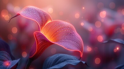  a close up of a pink flower with drops of water on the petals and a blurry background of red and blue leaves with a light in the foreground.