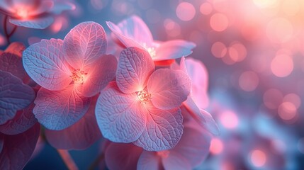  a close up of a bunch of flowers with pink flowers in the foreground and a blurry background of blue and pink flowers in the middle of the image.