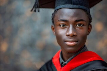 Retrato de chico joven adolescente afro con atuendo de graduacion y estola roja - obrazy, fototapety, plakaty