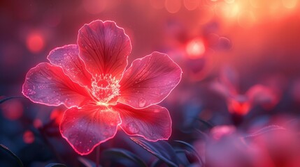  a close up of a pink flower on a blurry background with boke of light coming from the center of the flower and the petals to the center of the petals.