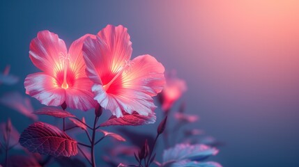  a couple of pink flowers sitting on top of a lush green leaf filled field of flowers on a blue and pink background with a pink light in the middle of the middle.