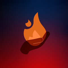 Hand holding a fire icon, hot and burn symbol. warm concept. Stock vector illustration on gradient background.