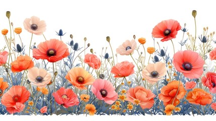  a painting of a field of flowers with blue stems and orange and white flowers in the middle of the frame, on a white background with blue stems and orange flowers in the middle. - obrazy, fototapety, plakaty