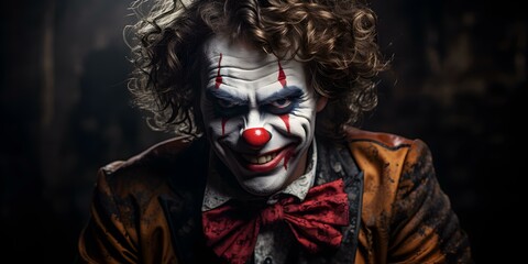 Menacing clown with colorful makeup and sinister grin ready to scare. Concept Horror Theme, Creepy Clown, Scary Makeup, Sinister Grin