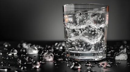 a close up of a glass of water with ice cubes and water droplets on a black surface with a black background with a few drops of water on the glass.