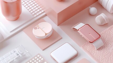 A collection of pink and white objects on a table. 
