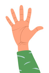 A human hand shows a hi and stop symbol in a green jacket. Flat doodle style. Vector illustration.