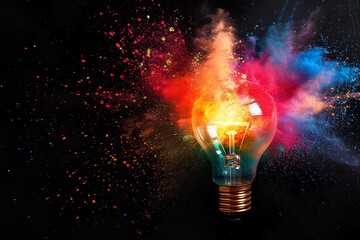 bunte Farbexplosion in einer Glühbirne vor dunklem Hintergrund