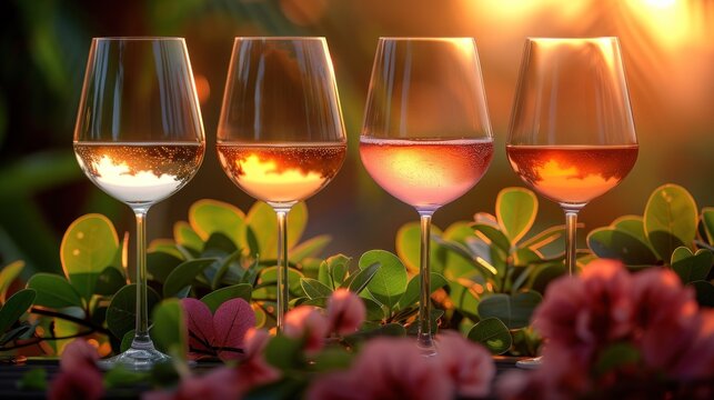  a row of wine glasses sitting next to each other on top of a table with flowers in the foreground and a bright light shining on the back of the glasses.